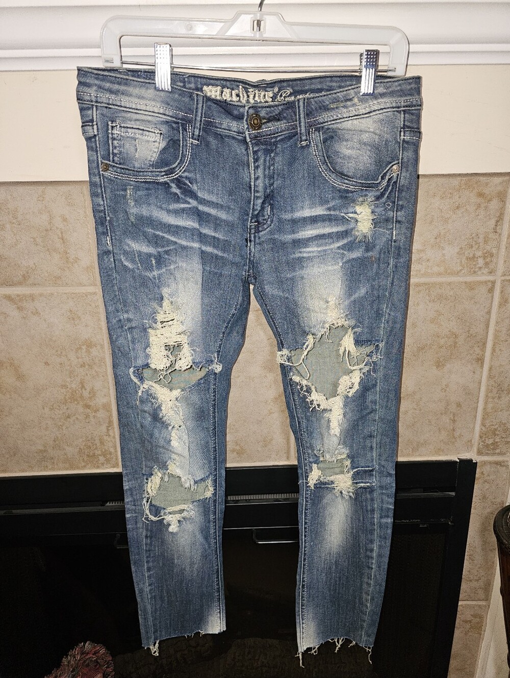 Machine Pour Neuf Mode Blue Denim Destroyed Skinny Stretch Jeans. Size 11